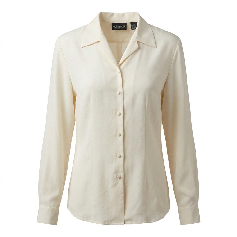 Liz Claiborne Collection 100% Silk Blouse Cream Ivory Shoulder Pads Size 8